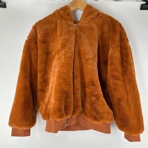 Topshop Super Soft Fuzzy Burnt Orange Full Zip Hooded Jacket M/L 8-10 EUR 40-44